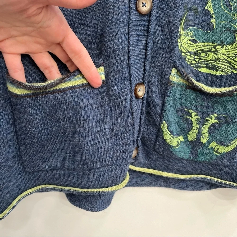 Vintage Y2K Title Nine 100% Washable Wool Cardigan Sweater Blue Horse Print L